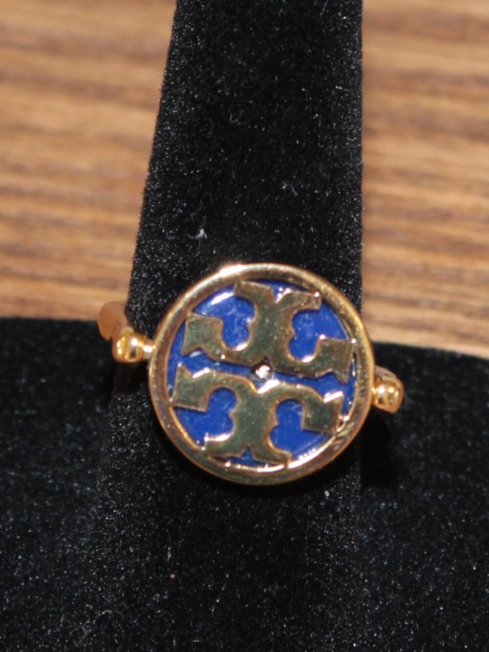 Tory Burch Reversible Blue Gold Logo Ring Size 6 NWT